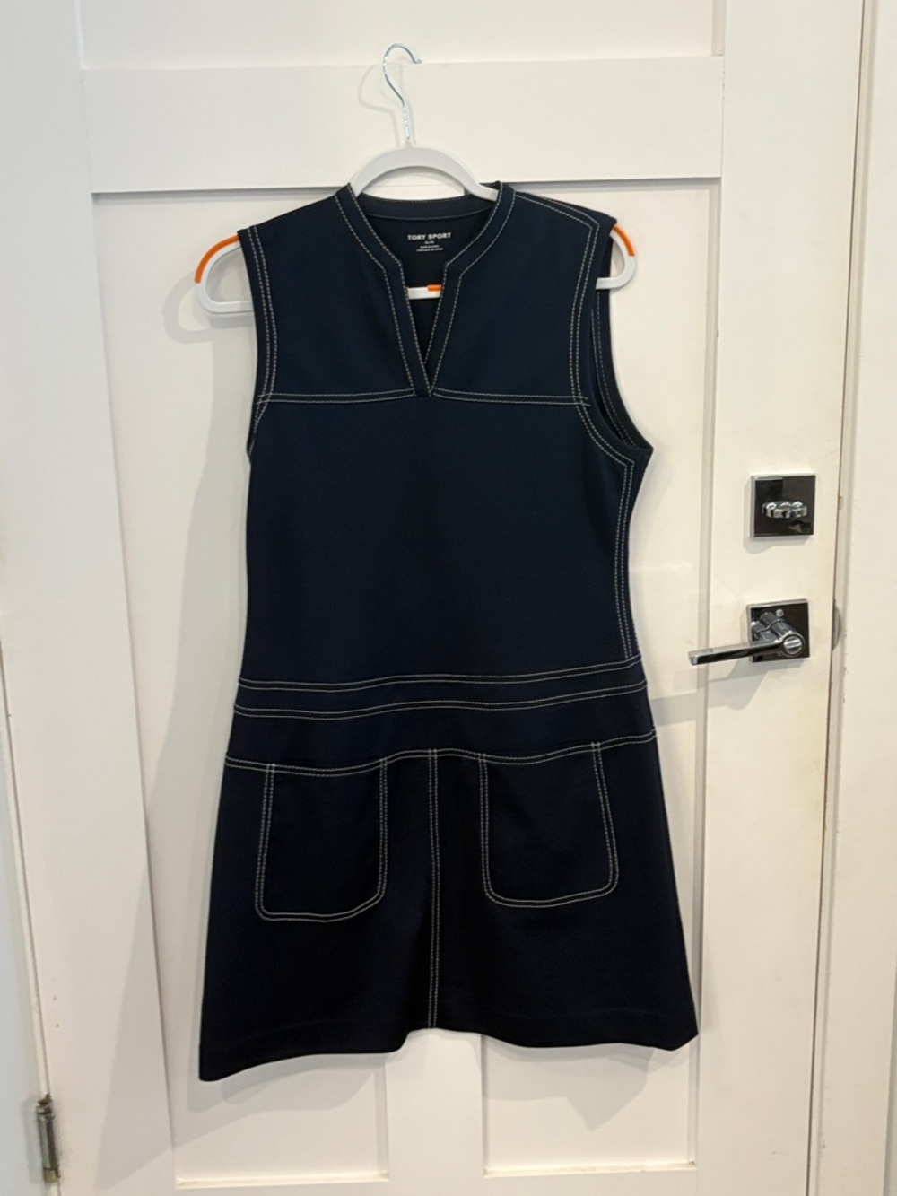 Tory Sport Navy Sleeveless Shift Dress with Contrast White Stitching